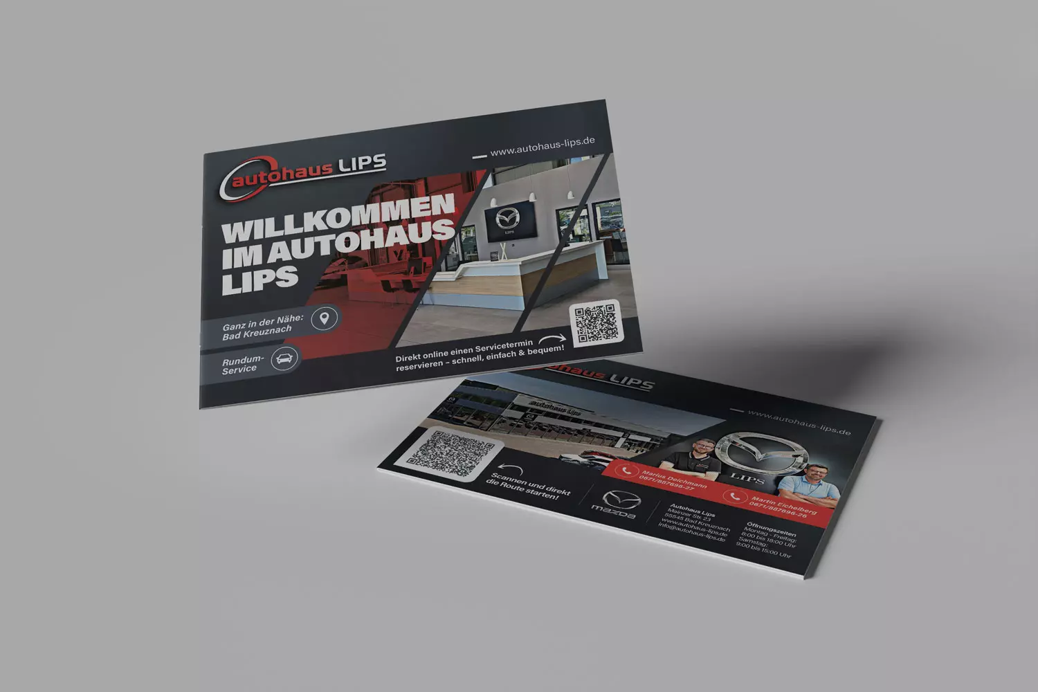 Modern und dynamisch gestalteter Flyer für ein Autohaus mit QR-Code