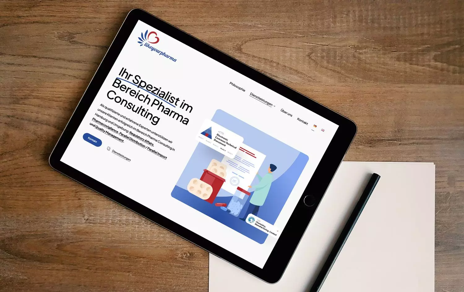 Responsive und mit Illustrationen gestaltete Website des Pharma Consulting Unternehmens likeyourpharma, dargstellt auf dem Tablet