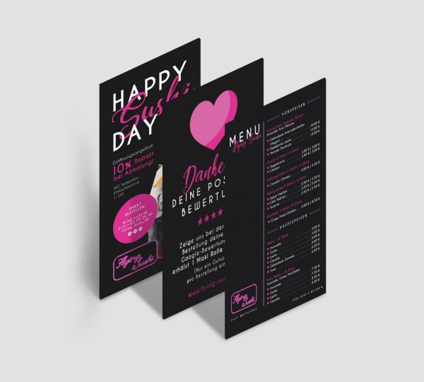 Modern und auffällig gestalteter Flyer, Speisekarte und Bewertungskarte für ein Sushi-Restaurant