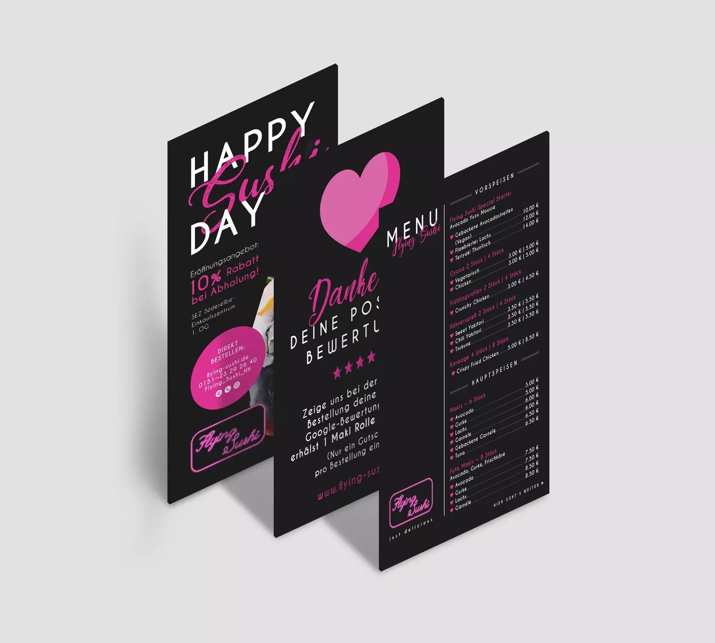 Modern und auffällig gestalteter Flyer, Speisekarte und Bewertungskarte für ein Sushi-Restaurant